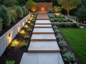 Contemporary Split-Level Steps - Aerial view of geometric concrete and wood composite steps creating a modern split-level garden design, accented with architectural plants and subtle lighting