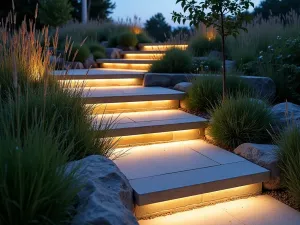 Contemporary Stone and Steel Steps - Modern garden steps featuring alternating layers of light gray stone and weathered steel risers, surrounded by ornamental grasses and LED strip lighting, photographed at dusk