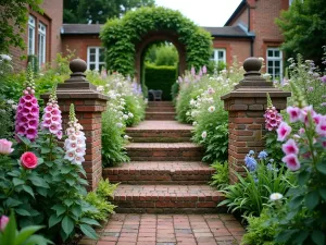 Cottage Garden Brick Steps - Wide angle shot of weathered brick steps with cottage garden plants spilling over the edges, including roses, foxgloves, and catmint in full bloom