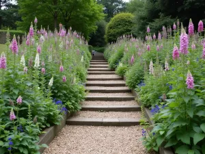 Cottage Garden Gravel Steps - Wide view of informal gravel steps with cottage garden plants spilling over the edges, including foxgloves and campanula