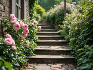 Cottage Garden Wood Steps - Close-up of charming wooden steps with climbing roses and clematis growing alongside, creating a romantic cottage garden feel