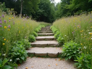 Country Garden Gravel Steps - Wide-angle view of rustic gravel steps with wildflowers growing naturally between levels, creating a meadow-like effect