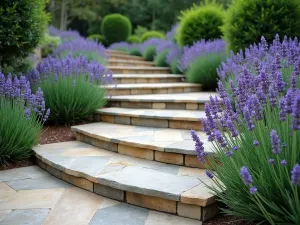 Curved Stone Steps with Lavender Border - Elegant curved garden steps made of natural stone, sweeping gently upward through a garden. Purple lavender plants line both sides, creating a soft, fragrant border. The steps are wide and gracefully curved, with a weathered, rustic appearance. Shot from ground level looking up.