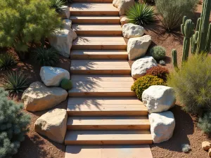 Desert Living Steps - Southwest-inspired steps with integrated cacti and desert plants, featuring weathered wood and natural stone. Aerial view showing the desert landscape integration