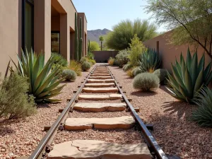 Desert Modern Steps - Railroad tie steps in a contemporary desert landscape, surrounded by architectural succulents and crushed coral stone, photographed in bright sunlight