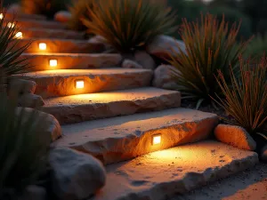 Desert Oasis Steps - Close-up of sandstone steps with recessed lighting, surrounded by illuminated desert plants creating dramatic shadows, warm evening atmosphere