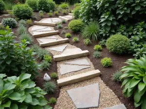 Eco-Friendly Gravel Garden Steps - Aerial view of sustainable garden steps using recycled materials and local gravel, with native plants integrated into the design