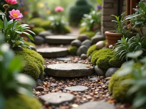 Fairy Garden Steps - Whimsical small-scale steps with miniature plants and tiny garden features, creating a magical atmosphere. Close-up shot showing the intricate details