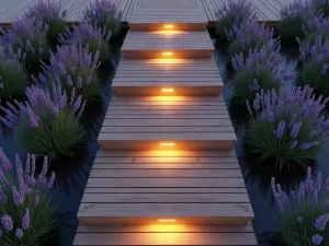 Floating Illuminated Stairway - Aerial view of floating wooden steps with warm underdeck lighting creating a hovering effect at dusk. Bordered by lavender plants releasing evening fragrance, hyperrealistic render