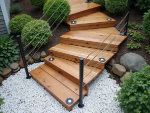 Floating Railroad Tie Staircase - Aerial view of minimalist floating garden steps made from polished railroad ties, with steel cable railings and embedded solar lights, surrounded by white pebbles