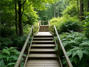 Forest Boardwalk Steps - Elevated wooden boardwalk steps through dense garden foliage, with native ferns and shade-loving perennials below