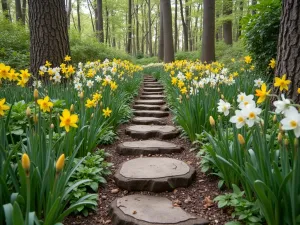 Forest Garden Log Steps - Natural perspective of embedded log steps cutting through a woodland garden, surrounded by native wildflowers and spring bulbs