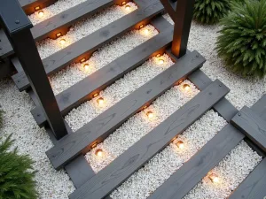 Geometric Garden Stairway - Aerial view of zigzagging railroad tie steps creating a geometric pattern, accented with white gravel and copper lighting fixtures