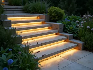 Glass and Stone Step Detail - Close-up detail of garden steps incorporating frosted glass panels with natural stone treads, illuminated from within, creating a stunning modern effect