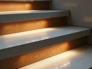 Granite and Wood Composite Steps - Close-up detail of modern steps alternating between polished granite and wood-effect composite materials, with integrated lighting