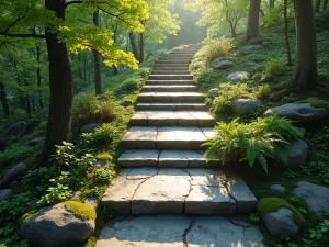 Granite Slab Woodland Steps - Wide granite slab steps ascending through a woodland garden, moss-covered edges, dappled sunlight filtering through tree canopy, aerial view, ultra-realistic