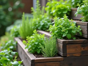 Herb Garden Steps - Tiered wooden steps with built-in herb gardens, featuring different varieties of culinary herbs on each level. Close-up view showing the texture and variety of the herbs