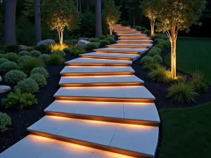 Illuminated Curved Garden Path Steps - Modern curved garden steps at twilight, with integrated LED lighting along each riser. The steps are made of smooth concrete with wood inserts, creating a contemporary flow through the garden. Aerial view capturing the flowing S-curve pattern.