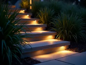 Illuminated Garden Steps - Close-up twilight shot of modern garden steps with integrated LED lighting, creating a magical atmosphere with shadows from ornamental grasses