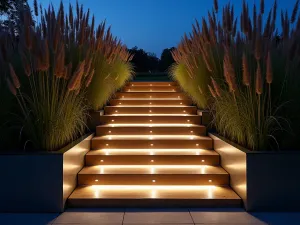 Illuminated Railway Steps - Dramatic evening shot of railroad tie steps with modern recessed lighting, flanked by tall ornamental grasses and steel planters