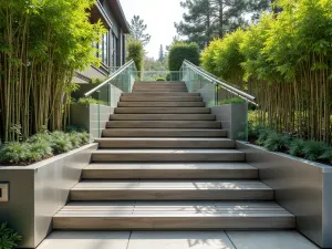 Industrial Chic Garden Steps - Wide-angle view of railroad tie steps with brushed metal accents and glass panel sides, featuring built-in planters with bamboo shoots