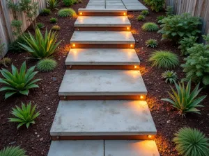 Industrial Concrete and Corten Steps - Aerial view of industrial-style garden steps using rough concrete and corten steel, with embedded lighting and drought-resistant plants