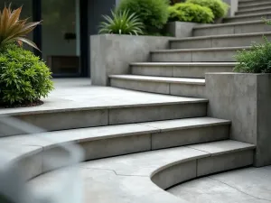 Industrial Curved Concrete Steps - Bold curved concrete steps with weathered steel risers, surrounded by architectural plants in concrete planters. Close-up showing the material contrast and clean lines.