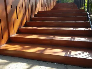 Industrial Steel Steps - Contemporary Corten steel steps with geometric cutout patterns, creating interesting shadow plays on the steps below. Shot from the side showing the architectural details.