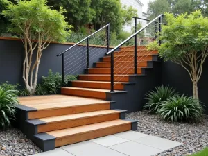 Industrial Style Garden Steps - Modern wooden steps with black metal frames and cable railings, surrounded by architectural plants and gravel garden