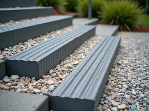 Industrial-Style Gravel Steps - Close-up of modern gravel steps with corrugated metal risers, showing contemporary industrial design elements