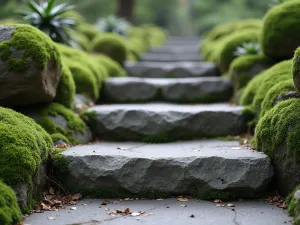 Japanese Garden Steps - Traditional Japanese-style stone steps with moss-covered edges, leading through a peaceful garden setting. Close-up detail showing the texture of natural stone and moss.