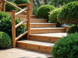 Japanese Garden Timber Steps - Close-up of meticulously crafted wooden steps in Japanese garden style, with bamboo handrail and cloud-pruned boxwood alongside