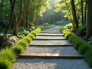 Japanese-Inspired Gravel Steps - Zen-like gravel steps with bamboo edging and small Japanese forest grass clusters, photographed in morning light