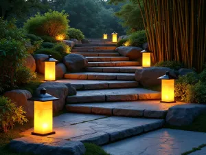 Japanese Lantern Steps - Traditional stone steps illuminated by modern interpretations of Japanese lanterns, creating warm pools of light. Bamboo and moss gardens visible in evening light, zen atmosphere