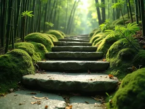 Japanese Moss Steps - Traditional Japanese-style stone steps covered in velvet moss, surrounded by bamboo and small maples. Shot from a low angle to emphasize the zen atmosphere