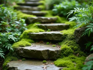 Living Moss Garden Steps - Natural stone garden steps with lush moss growing between the cracks, creating a soft green carpet effect. The steps are nestled between ferns and small woodland plants, captured in a close-up perspective showing the intricate texture of the moss