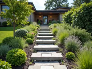 Living Rain Garden Steps - Eco-friendly steps designed with rain garden features, incorporating water-loving plants and permeable materials. Wide angle showing the water management system