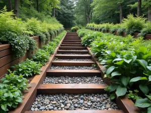 Living Wall Railroad Steps - Wide shot of railroad tie steps with vertical garden panels integrated into retaining walls, featuring a mix of trailing plants and ferns