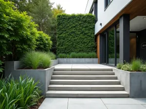 Living Wall Steps - Contemporary floating concrete steps with vertical garden panels on the adjacent wall, creating a dramatic green backdrop. Wide shot showing the entire installation