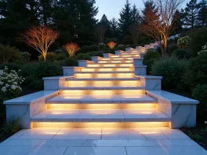 Marble and Glass Block Steps - Luxurious garden steps combining white marble treads with frosted glass block risers, illuminated from within, photographed at twilight