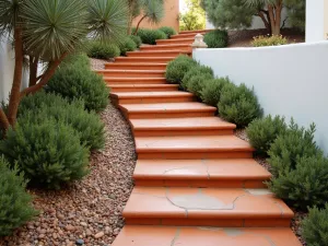 Mediterranean Terracotta Curved Steps - Warm terracotta curved steps winding through a Mediterranean garden, bordered by rosemary and santolina. White stucco walls provide contrast. Wide angle view showing the full sweep of the steps.