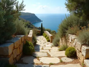 Mediterranean Flagstone Steps - Sun-bleached flagstone steps with Mediterranean herbs growing between joints, rosemary cascading over edges, wide view with sea in distance