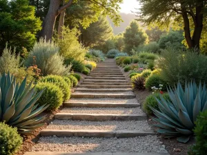 Mediterranean Gravel Steps with Herbs - Wide-angle shot of terraced gravel steps with Mediterranean herbs and succulents growing alongside, captured in warm evening light