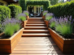 Mediterranean Terrace Steps - Wide-angle view of terraced wooden steps with built-in planters containing lavender and rosemary, leading to a sunny patio