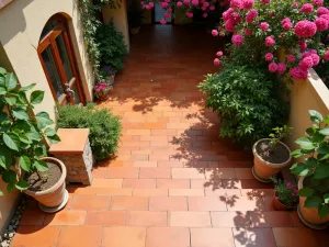 Mediterranean Terracotta Steps - Aerial view of warm terracotta tiled steps leading to a Mediterranean-style patio, bordered by potted citrus trees and trailing bougainvillea