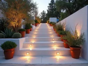 Mediterranean Twilight Steps - Wide view of whitewashed steps with terracotta pot lighting and embedded wall lights, Mediterranean plants creating dramatic shadows in evening light