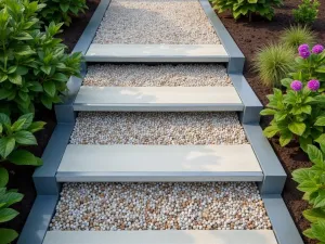 Minimalist Gravel Step Design - Aerial shot of clean-lined gravel steps with metal edging, showing simple modern design principles