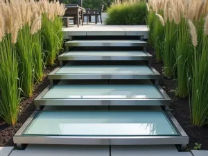 Modern Floating Curved Steps - Contemporary floating curved steps made of brushed steel and tempered glass, creating an illusion of floating. Ornamental grasses provide movement on either side. Close-up detail shot of the step construction.