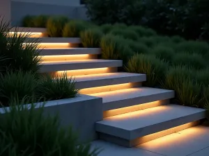 Modern Floating Garden Steps - Close-up shot of minimalist floating concrete steps with LED strip lighting underneath, flanked by ornamental grasses and Japanese forest grass, creating a contemporary nighttime atmosphere