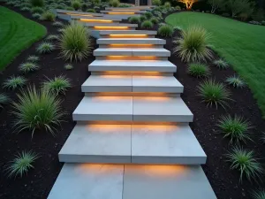 Modern Floating Steps - Aerial view of minimalist floating concrete steps with LED strip lighting underneath, zigzagging up a steep garden slope. Surrounded by modern landscaping with geometric plantings of ornamental grasses.